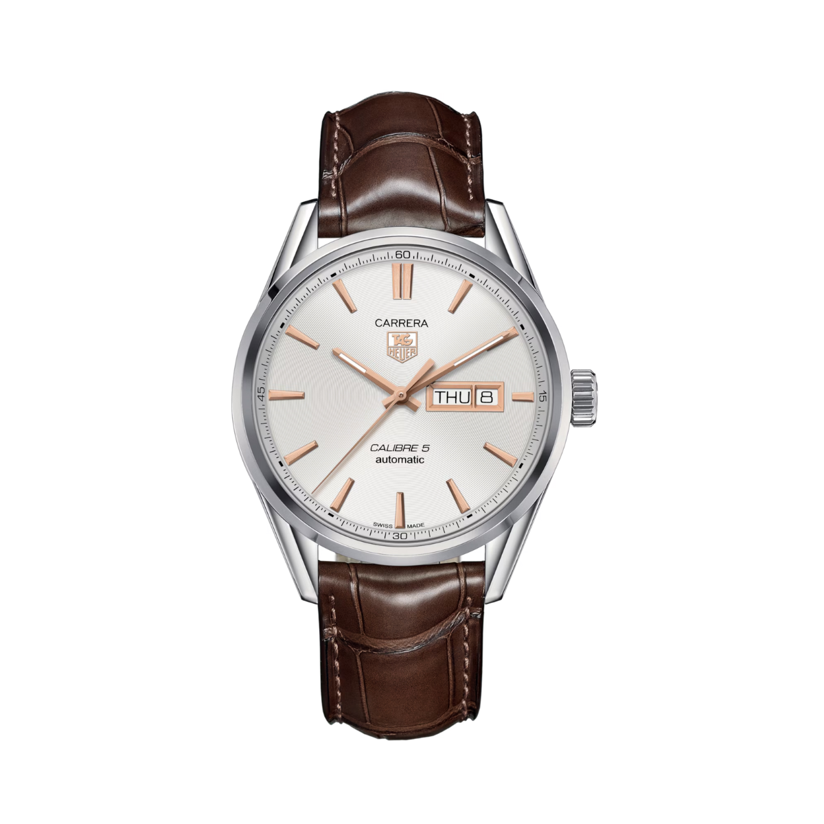 Relógio T.H Carrera Calibre 5 Day Date Fundo Branco Pulseira de Couro