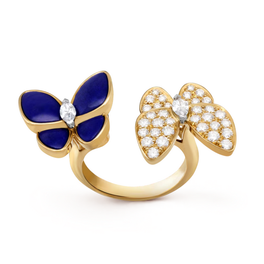 Anel Two Butterfly Pavé e Azul Escuro - Ouro 18K