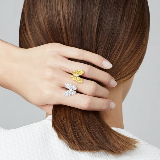 Anel Two Butterfly Laranja e Pavé Brilhante - Prata 925