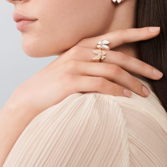 Anel Two Butterfly Branco e Pavé Brilhante - Ouro Rose