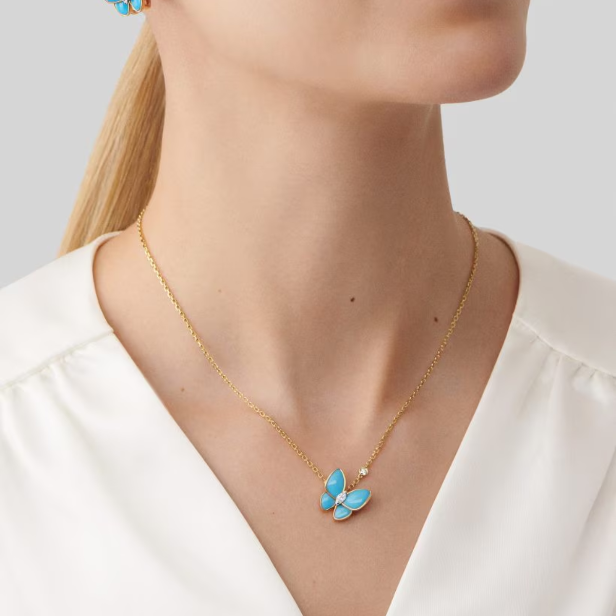 Colar Two Butterfly Cerâmica Azul - Ouro 18K