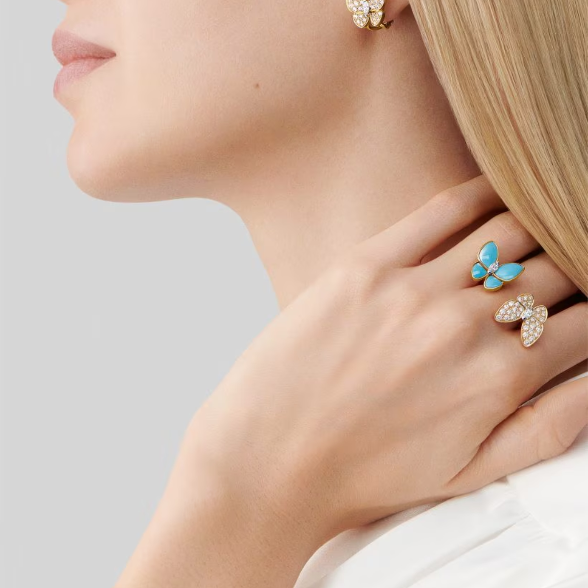 Brincos Two Butterfly Azul e Pavé - Ouro 18K