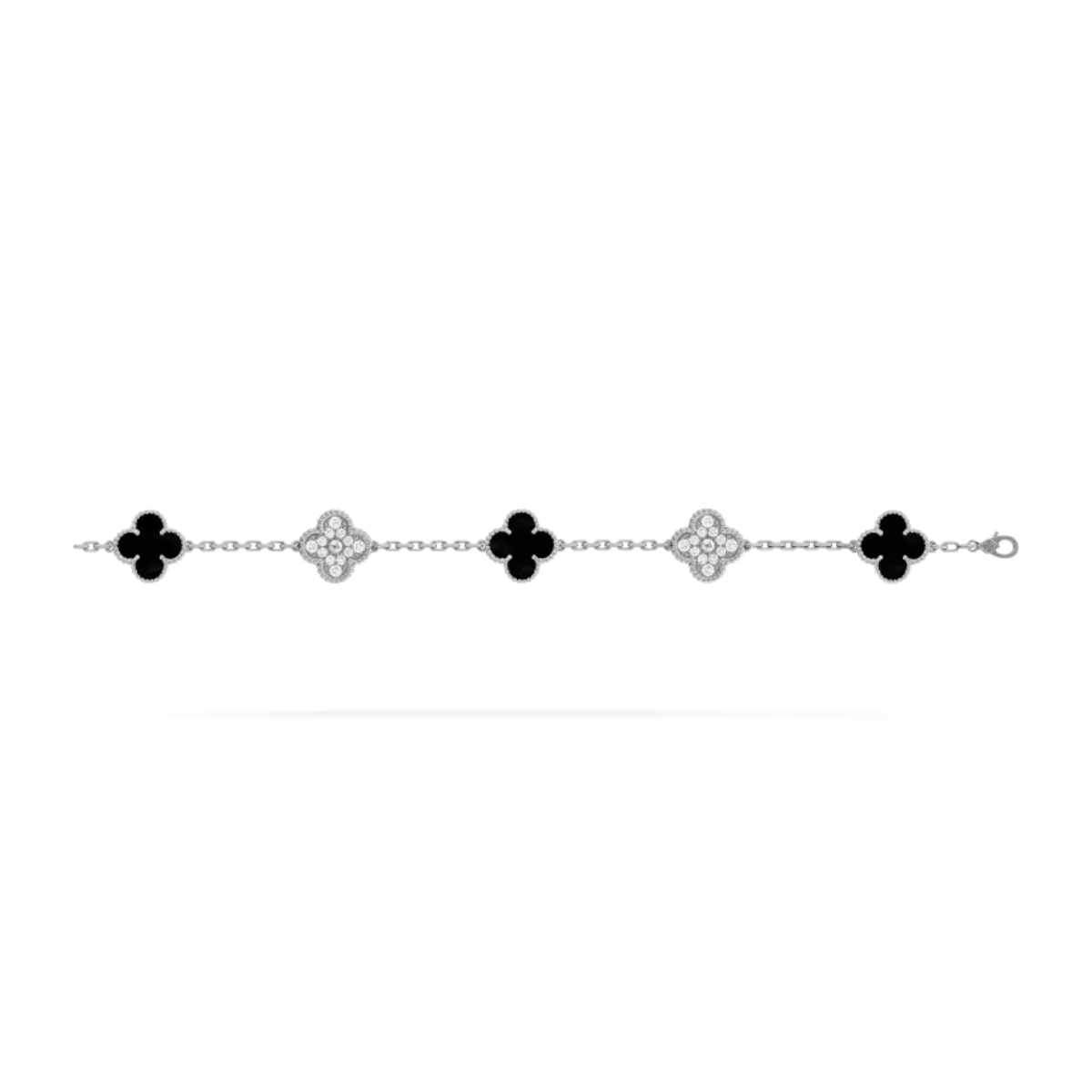 Pulseira Vintage Alhambra 5 Trevos Cravejado Snowflake Preto - Prata de Lei