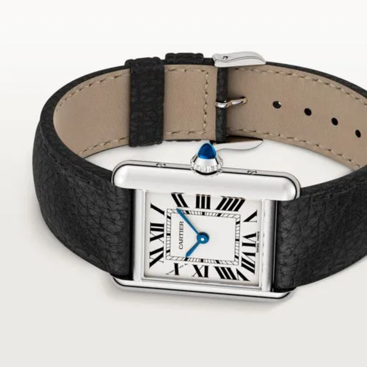 Relógio Tank Retangular Prata Pulseira Preto de Couro