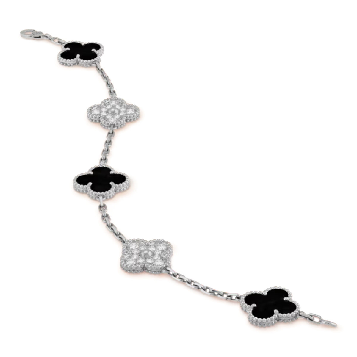 Pulseira Vintage Alhambra 5 Trevos Cravejado Snowflake Preto - Prata de Lei