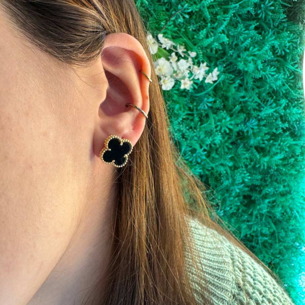 Conjunto Trevo Colar e Brinco Preto - Ouro 18K