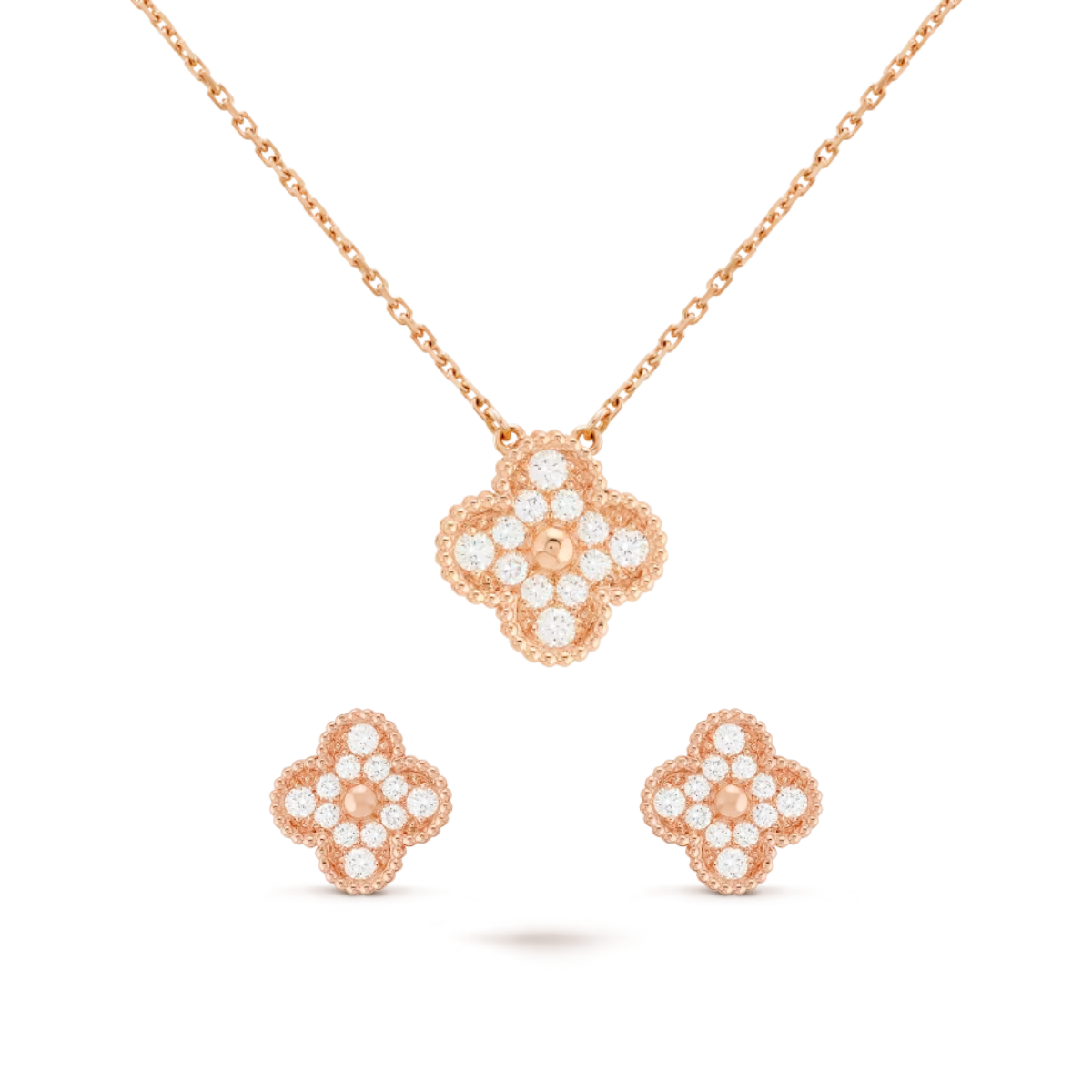 Conjunto Alhambra Trevo Colar unico e Brinco Snowflake - Ouro Rose