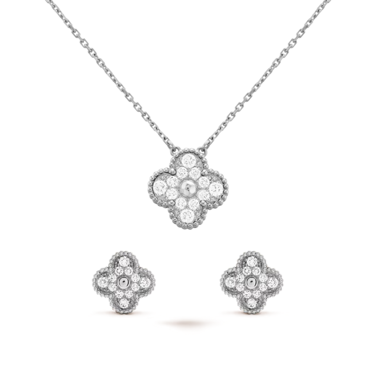 Conjunto Alhambra Trevo Colar unico e Brinco Snowflake - Prata De Lei