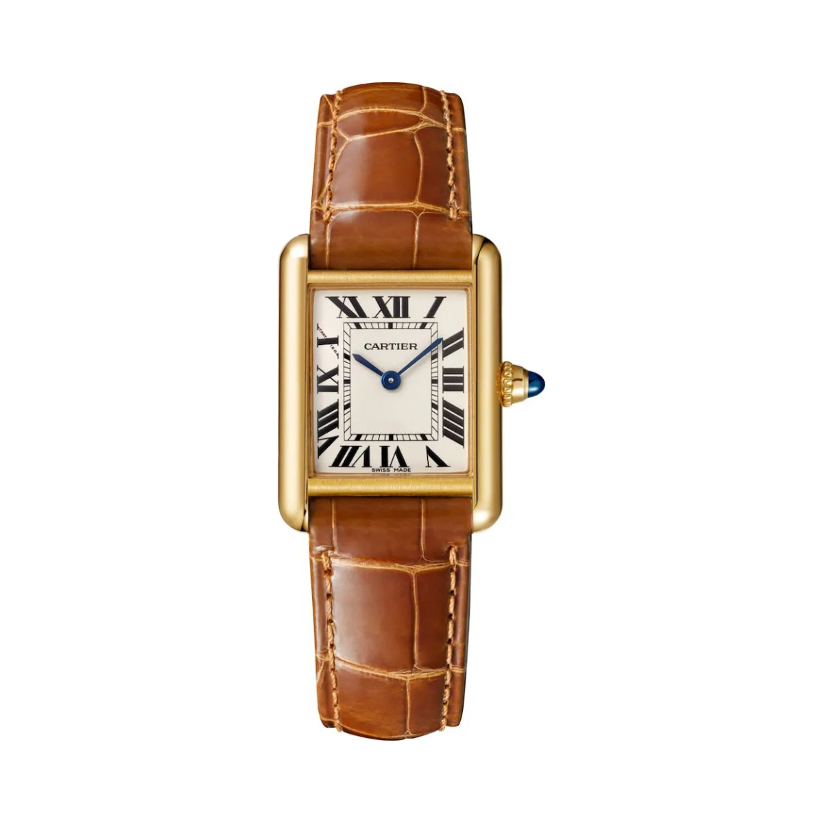 Relógio Tank Retangular Dourado Pulseira Marrom de Couro