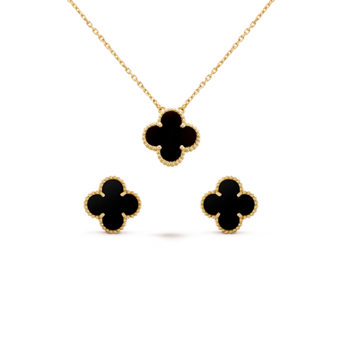 Conjunto Trevo Colar e Brinco Preto - Ouro 18K