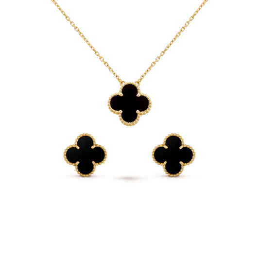 Conjunto Trevo Colar e Brinco Preto - Ouro 18K