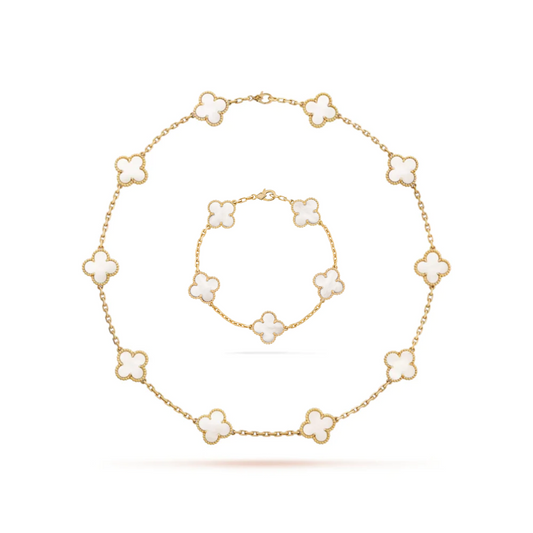Conjunto Alhambra Trevo Colar 10 Trevos e Pulseira Branco - Ouro 18K