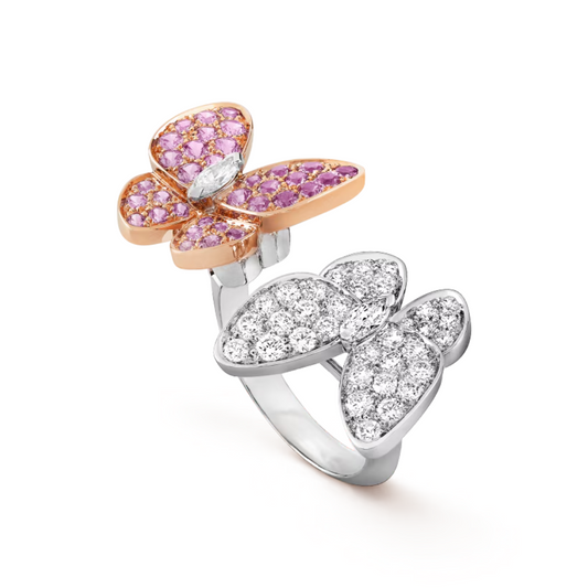 Anel Two Butterfly Rosa e Pavé Brilhante - Prata 925