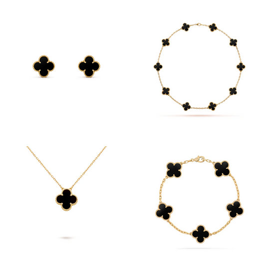 Conjunto Alhambra Vintage Trevo Completo Preto - Ouro 18K