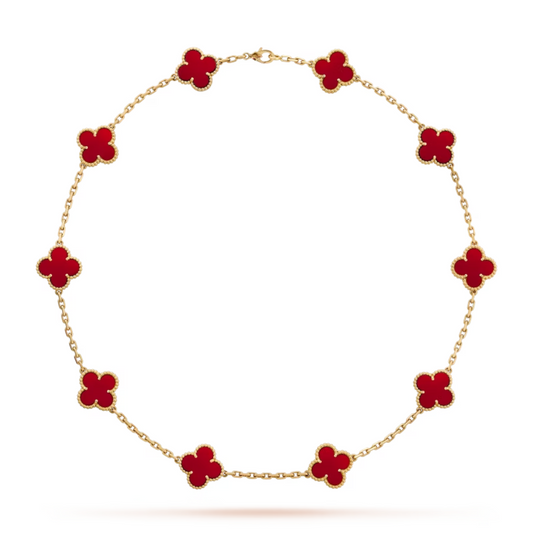 Colar Vintage Alhambra 10 Trevos Vermelho - Ouro 18K