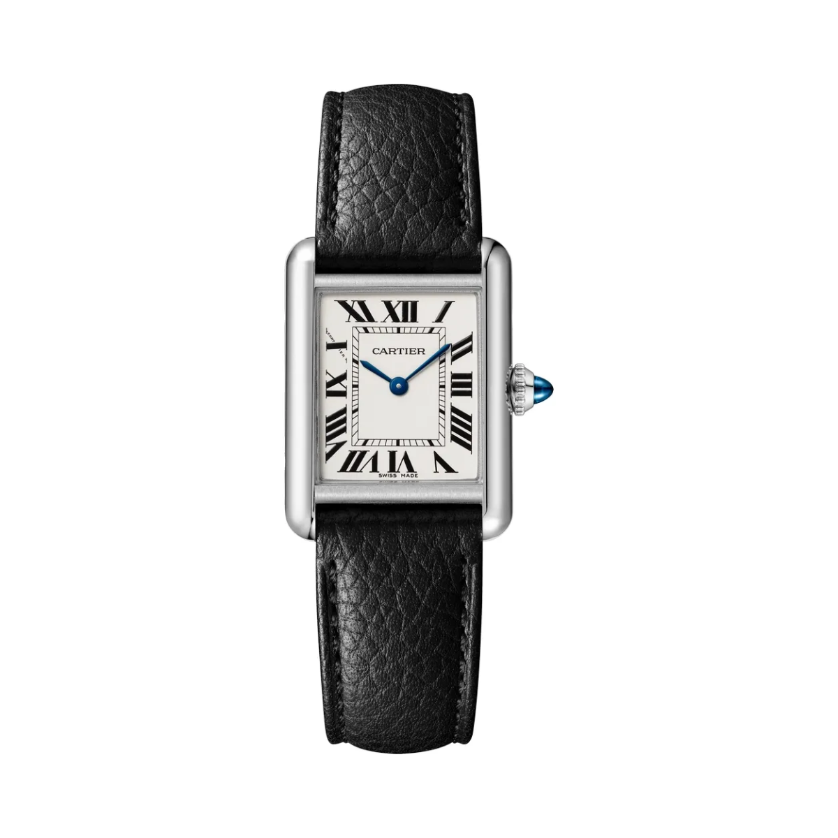 Relógio Tank Retangular Prata Pulseira Preto de Couro
