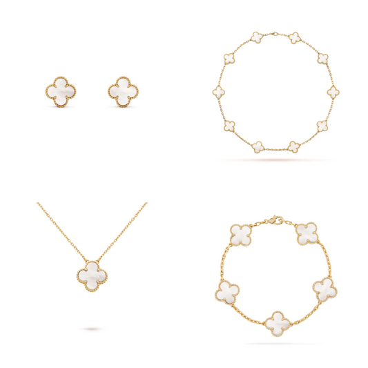 Conjunto Alhambra Vintage Trevo Completo Branco - Ouro 18K