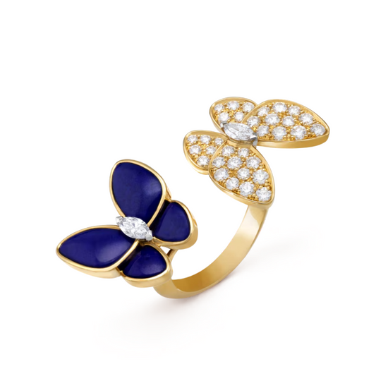 Anel Two Butterfly Pavé e Azul Escuro - Ouro 18K