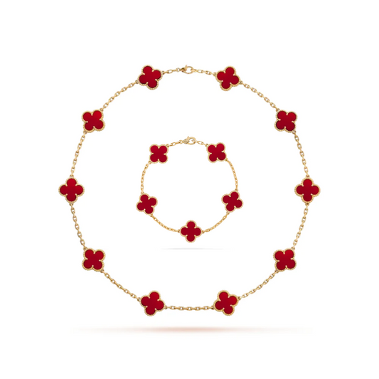 Conjunto Alhambra Trevo Colar 10 Trevos e Pulseira Vermelho - Ouro 18K