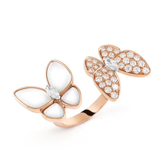 Anel Two Butterfly Branco e Pavé Brilhante - Ouro Rose