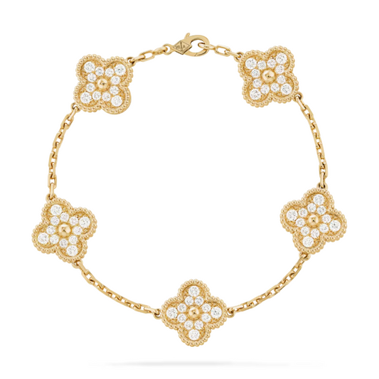 Pulseira Vintage Alhambra 5 Trevos Cravejado Snowflake - Ouro 18K