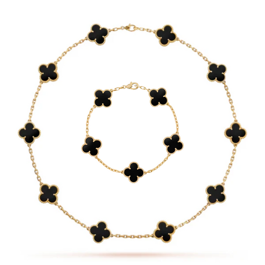 Conjunto Alhambra Trevo Colar 10 Trevos e Pulseira Preto - Ouro 18K
