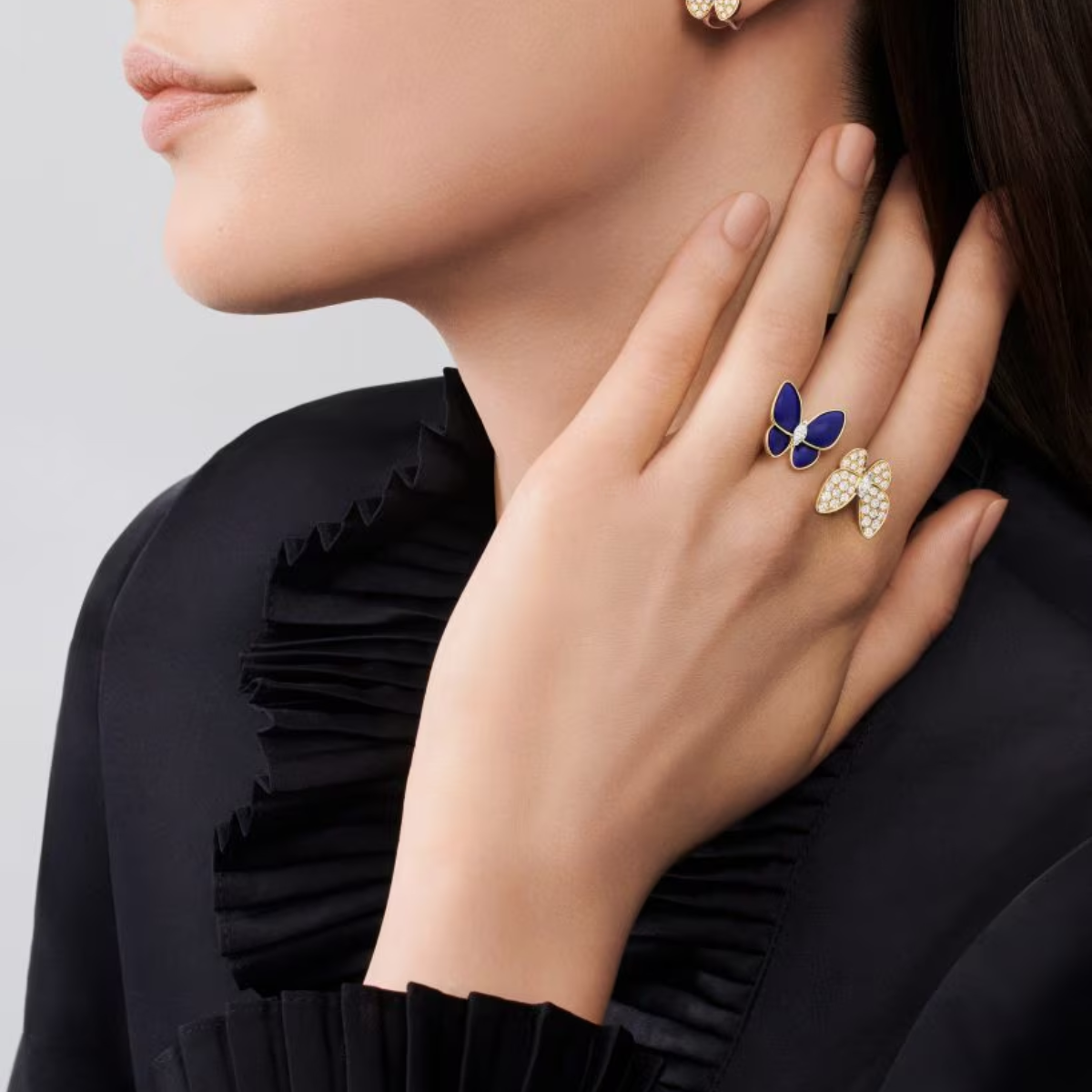Anel Two Butterfly Pavé e Azul Escuro - Ouro 18K