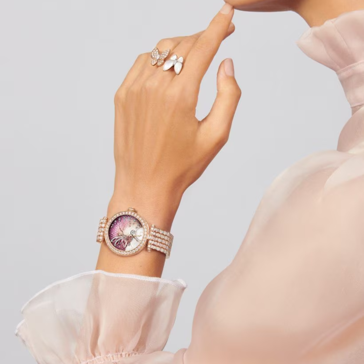 Anel Two Butterfly Branco e Pavé Brilhante - Ouro Rose