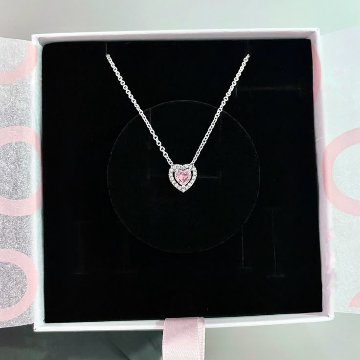 Colar Coração Halo Rosa - Prata 925