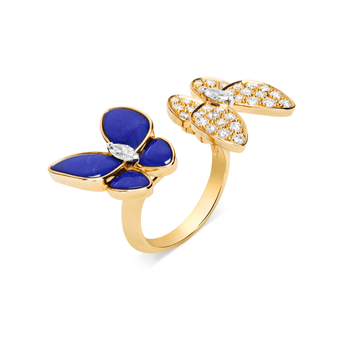 Anel Two Butterfly Pavé e Azul Escuro - Ouro 18K