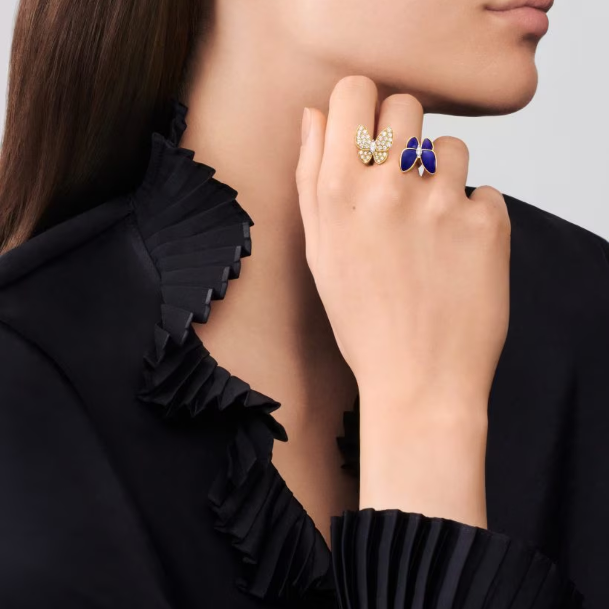 Anel Two Butterfly Pavé e Azul Escuro - Ouro 18K