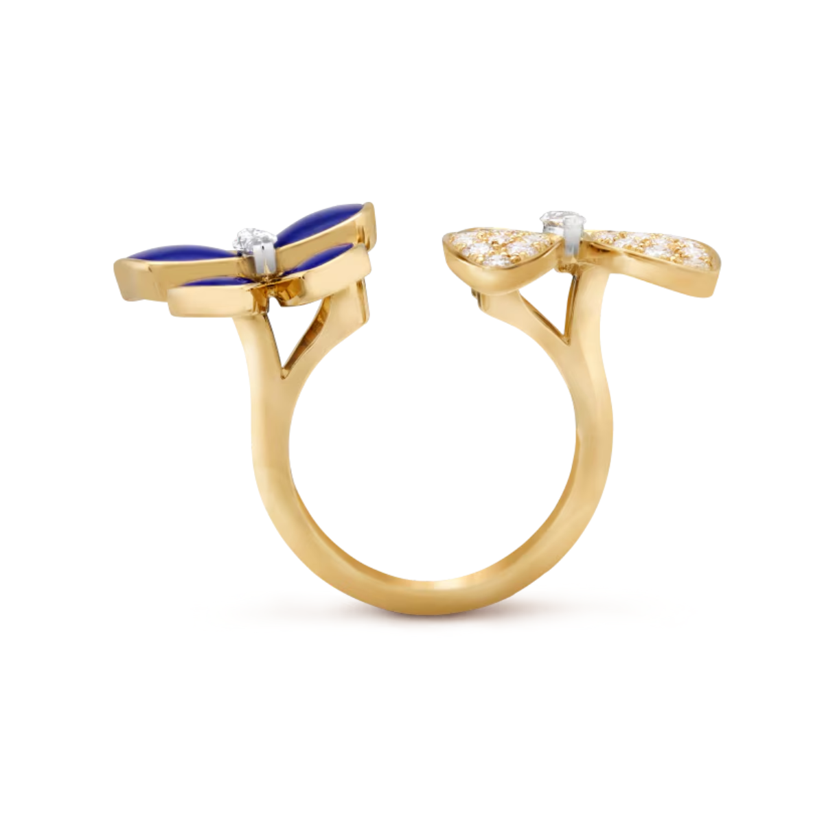 Anel Two Butterfly Pavé e Azul Escuro - Ouro 18K
