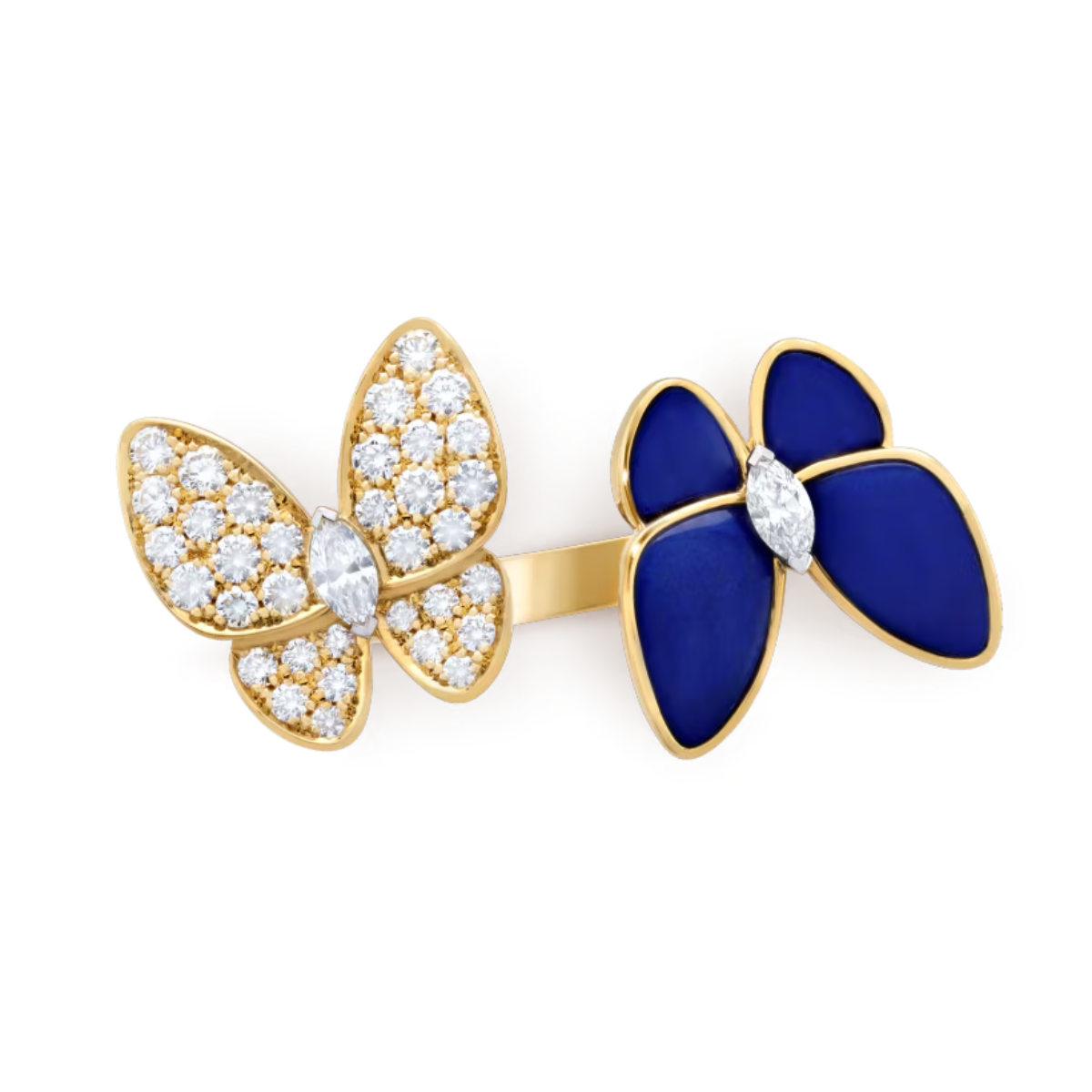 Anel Two Butterfly Pavé e Azul Escuro - Ouro 18K