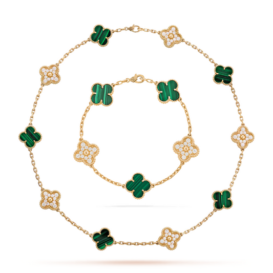 Conjunto Trevo Colar 10 Trevos e Pulseira Snowflake Verde - Prata de Lei