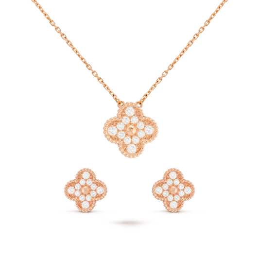 Conjunto Alhambra Trevo Colar unico e Brinco Snowflake - Ouro Rose