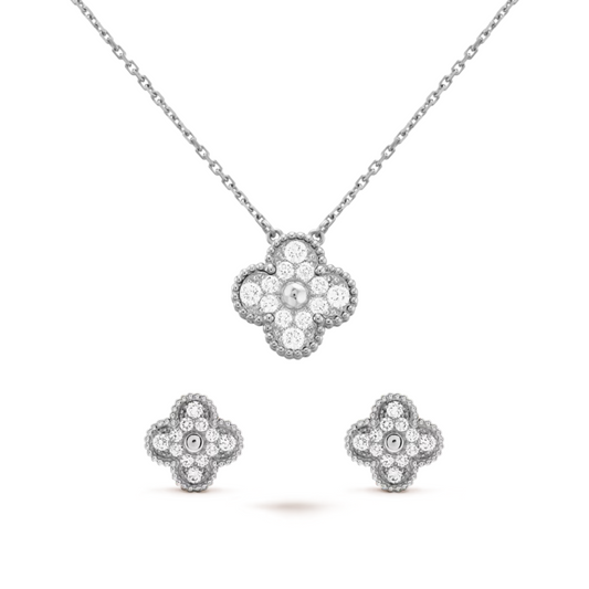 Conjunto Alhambra Trevo Colar unico e Brinco Snowflake - Prata De Lei