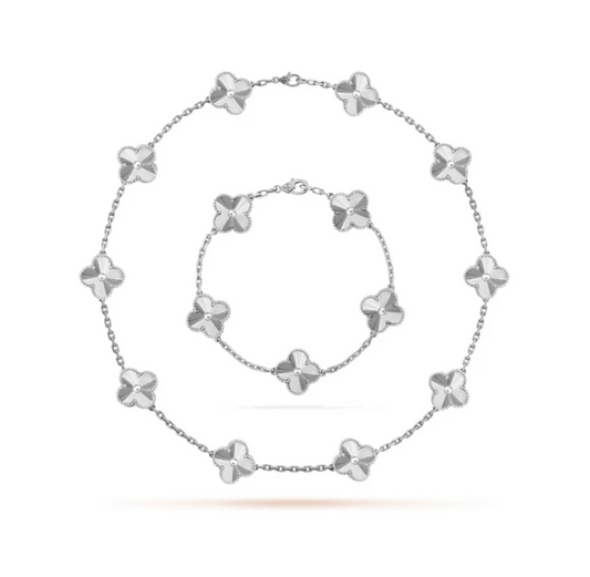 Conjunto Trevo Colar 10 Trevos e Pulseira Brilhante - Prata de Lei